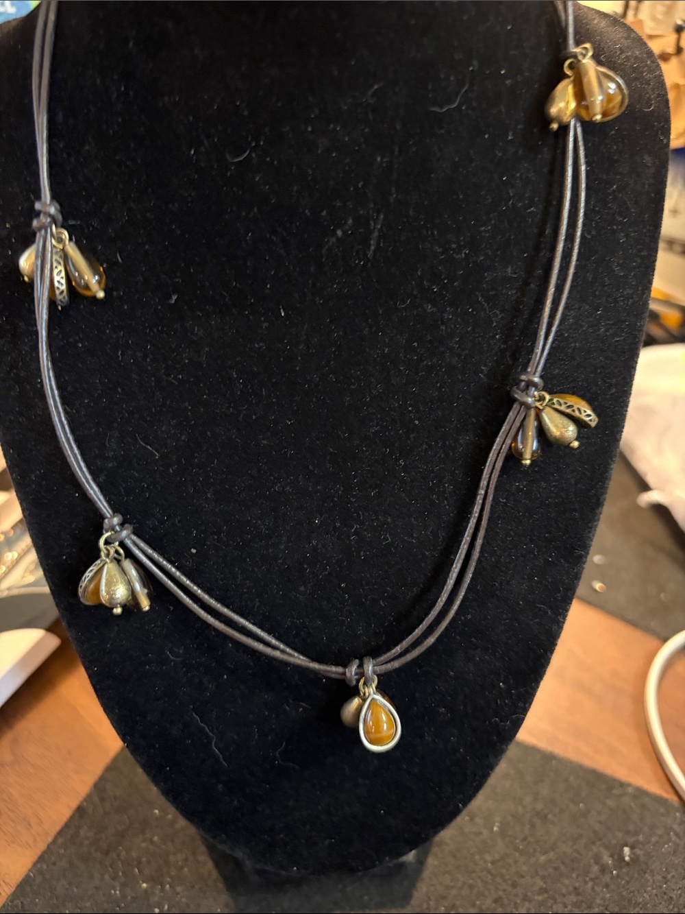 Fossil Black Leather Cord Necklace with Amber-Colored Drop Charms